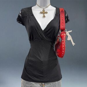Black Lace Shoulder Wrap Front Top Short Sleeve V Neck Blouse M